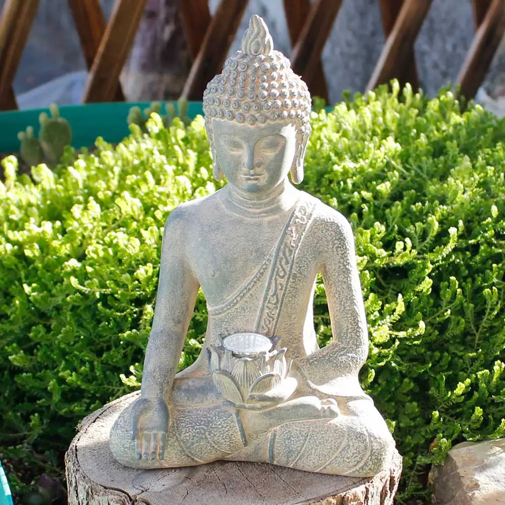 Buddha Statue with Solar Light Home Garden Decor Sitting Meditating Buddha Figurines for Outdoor Patio Yard Lawn Ornaments