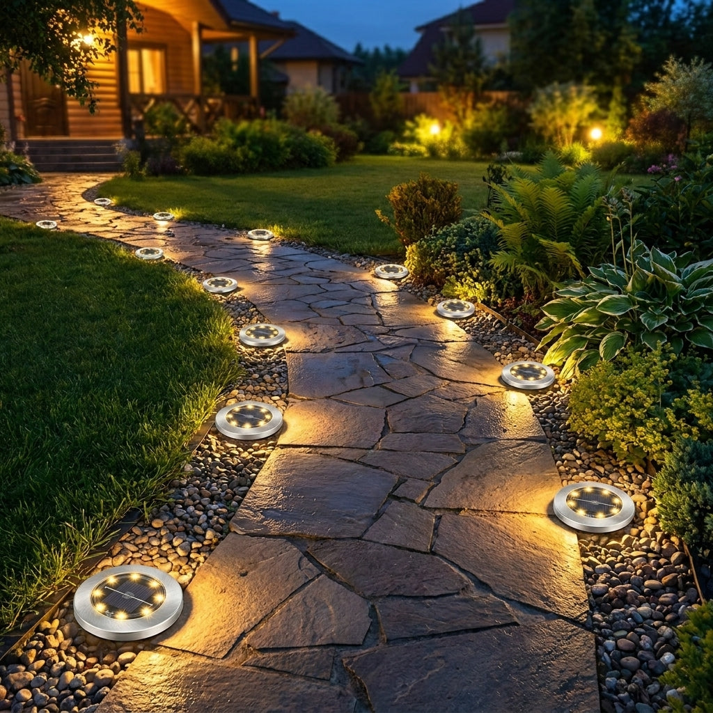 Solar Ground Disk Lights – 8 LED Waterproof Outdoor Path Lights (10 Pack)