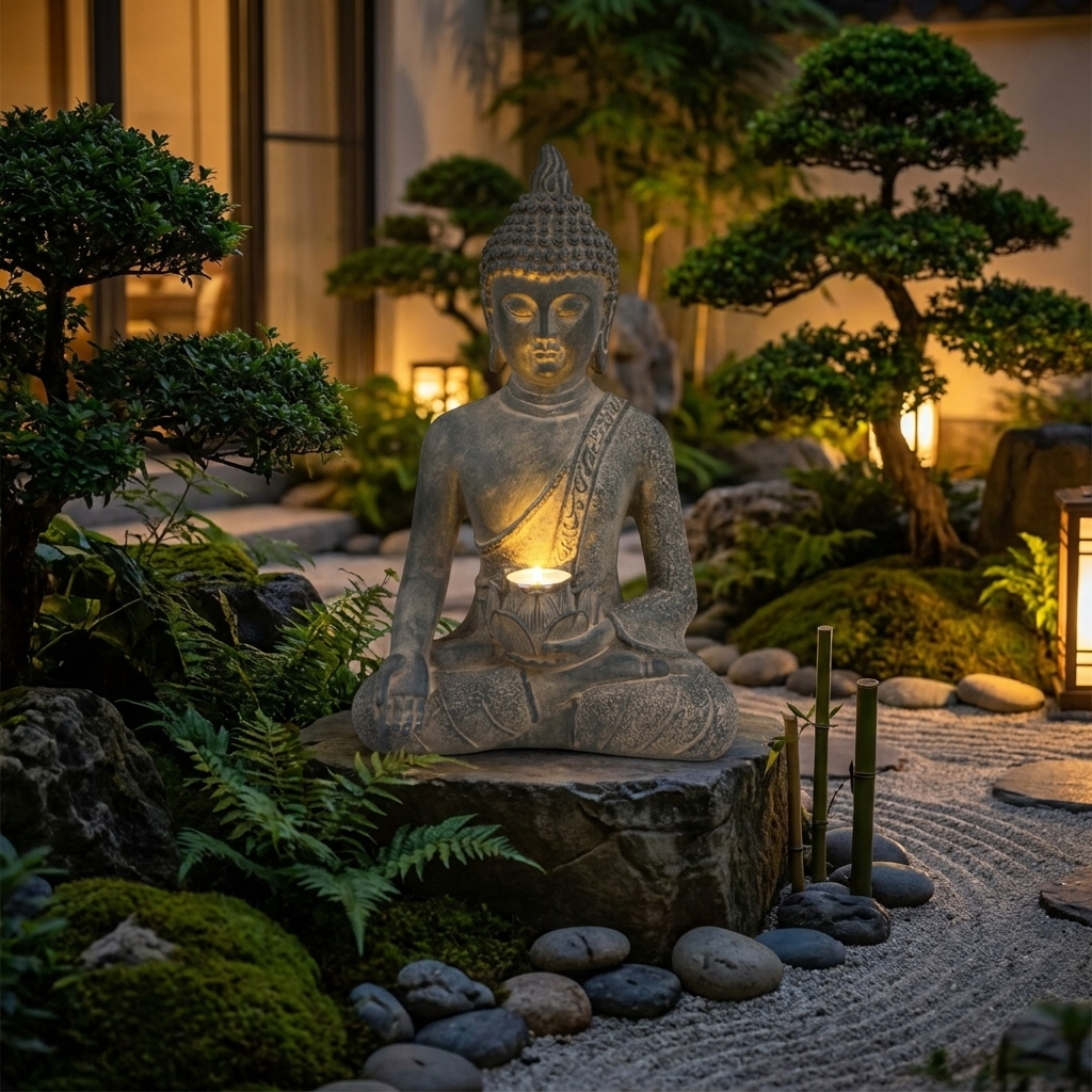 Buddha Statue Garden Decor with Solar Light – Outdoor Zen Garden Ornament